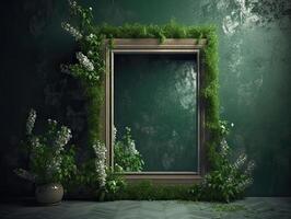 une vert mur avec fleurs et les plantes derrière une Vide cadre, dans le style de affiche, intérieur scènes, photobashing, écologiquement inspiré, Hinchel ou, d'inspiration industrielle, illustration génératif ai photo