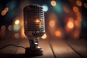 proche en haut de microphone en bois table avec flou lumières à Contexte. génératif ai. photo