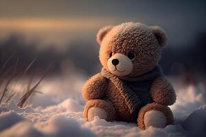 le jouet ours a été la gauche dans le hiver à le enfants Cour de récréation. une mignonne marron ours séance seul sur le neige pendant hiver temps. génératif ai photo