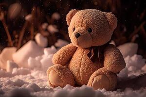 le jouet ours a été la gauche dans le hiver à le enfants Cour de récréation. une mignonne marron ours séance seul sur le neige pendant hiver temps. génératif ai photo