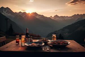 romantique dîner avec vue de Montagne à le coucher du soleil. génératif ai photo