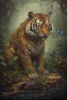 une La peinture de une en colère tigre dans jungle génératif ai photo