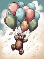 dessiné à la main image de une souriant nounours ours en volant avec des ballons génératif ai photo