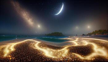 magnifique étoile lumière embrasé vue de plage à nuit génératif ai photo