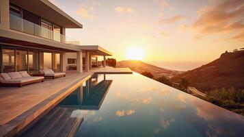 génératif ai illustration de une luxe villa avec une bassin à le coucher du soleil photo
