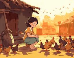 Jeune fille alimentation poulets dessin animé plat illustration, génératif ai photo