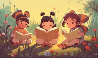 préscolaire les enfants en train de lire livres. plat illustration dans le heure d'été avec les abeilles. génératif ai photo