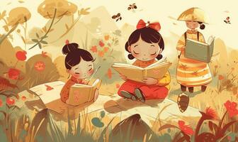 préscolaire les enfants en train de lire livres. plat illustration dans le heure d'été avec les abeilles. génératif ai photo