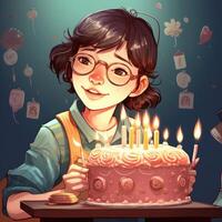 une fille est en portant une gâteau tandis que célébrer une anniversaire, dessin animé illustration avec génératif ai photo