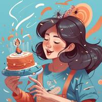 une fille est en portant une gâteau tandis que célébrer une anniversaire, dessin animé illustration avec génératif ai photo