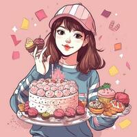 une fille est en portant une gâteau tandis que célébrer une anniversaire, dessin animé illustration avec génératif ai photo