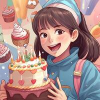 une fille est en portant une gâteau tandis que célébrer une anniversaire, dessin animé illustration avec génératif ai photo