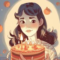 une fille est en portant une gâteau tandis que célébrer une anniversaire, dessin animé illustration avec génératif ai photo