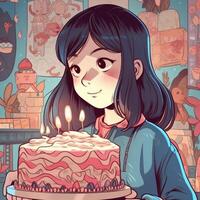 une fille est en portant une gâteau tandis que célébrer une anniversaire, dessin animé illustration avec génératif ai photo