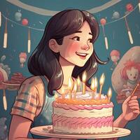 une fille est en portant une gâteau tandis que célébrer une anniversaire, dessin animé illustration avec génératif ai photo