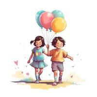 deux les enfants en portant des ballons marche, dessin animé illustration avec génératif ai photo