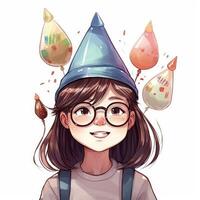 une enfant avec des lunettes et une chapeau est célébrer sa anniversaire, dessin animé illustration avec génératif ai photo