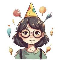 une enfant avec des lunettes et une chapeau est célébrer sa anniversaire, dessin animé illustration avec génératif ai photo