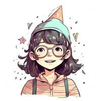 une enfant avec des lunettes et une chapeau est célébrer sa anniversaire, dessin animé illustration avec génératif ai photo
