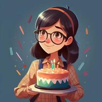 une fille est en portant une gâteau tandis que célébrer une anniversaire, dessin animé illustration avec génératif ai photo