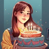 une fille est en portant une gâteau tandis que célébrer une anniversaire, dessin animé illustration avec génératif ai photo