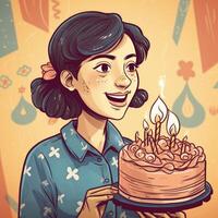 une fille est en portant une gâteau tandis que célébrer une anniversaire, dessin animé illustration avec génératif ai photo