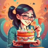 une fille est en portant une gâteau tandis que célébrer une anniversaire, dessin animé illustration avec génératif ai photo