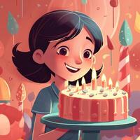 une fille est en portant une gâteau tandis que célébrer une anniversaire, dessin animé illustration avec génératif ai photo