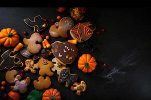 Haut vue sur effrayant Halloween biscuits sur une foncé Contexte établi avec génératif ai technologie. photo