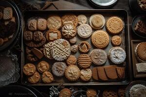 fraîchement cuit des biscuits avec beaucoup de décoration sur une cuisson plateau établi avec génératif ai technologie. photo