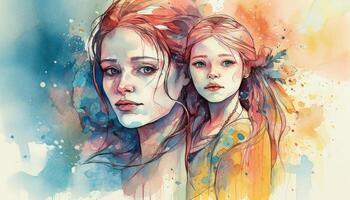 une aquarelle dessin de une une mère et enfant ensemble, illustration avec génératif ai photo