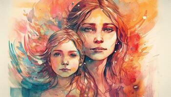 une aquarelle dessin de une une mère et enfant ensemble, illustration avec génératif ai photo