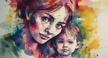 une aquarelle dessin de une une mère et enfant ensemble, illustration avec génératif ai photo