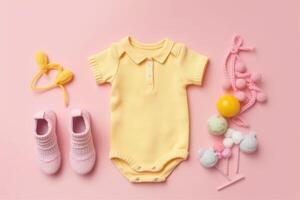 bébé accessoires concept. Haut vue photo de bébé vêtements avec vide espace sur isolé pastel Contexte. génératif ai