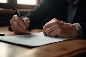 fermer de homme d'affaires signature contracter, l'écriture papier à le bureau avec stylo et en train de lire livres à table avec de base affaires forme document travail dans bureau. génératif ai. photo