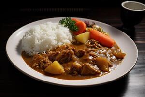 Japonais ordinaire curry riz patates, carottes, oignons et du boeuf dans épicé Jaune curry servi avec à la vapeur riz. génératif ai photo