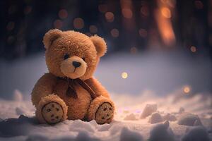 le jouet ours a été la gauche dans le hiver à le enfants Cour de récréation. une mignonne marron ours séance seul sur le neige pendant hiver temps. génératif ai photo