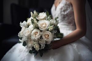 la mariée en portant sa mariage bouquet. mariage bouquet dans de la mariée mains. génératif ai photo