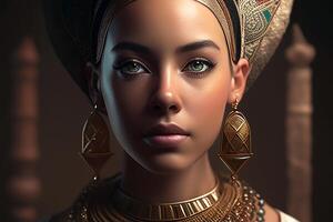 hathor, portrait de une femme reine de ancien Egypte. génératif ai photo