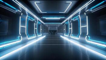bleu blanc LED lumières sci Fi futuriste moderne vaisseau spatial foncé tunnel couloir. génératif ai photo