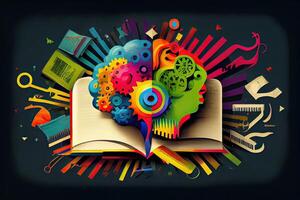 livre et cerveau - moderne idée et concept illustration entreprise. idée concept avec un ouvert livre, cerveau, et livre sur une vert arrière-plan.génératif ai photo