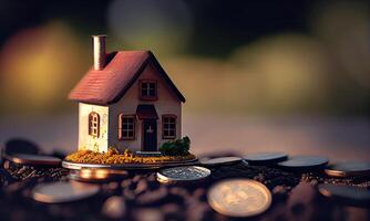 mini maison sur une empiler de pièces de monnaie. concept de investissement propriété. miniature maison sur empiler pièces de monnaie en utilisant comme propriété réel biens et affaires financier concept. génératif ai photo