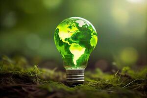 environnement protection, renouvelable, durable énergie sources. le vert monde carte est sur une lumière ampoule cette représente vert énergie renouvelable énergie cette est important à le monde. génératif ai photo