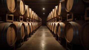 vieillissement du vin dans une en bois baril chambre. génératif ai photo