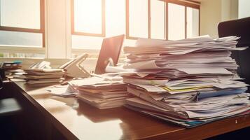 submergé avec formalités administratives, gérant une lourd charge de travail à le bureau. génératif ai photo