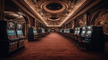 une somptueux casino intérieur avec abondant fente Machines. génératif ai photo