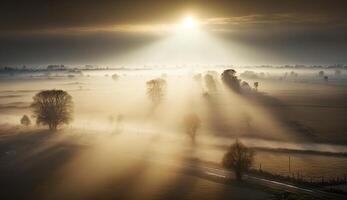 génératif ai, Matin ferme paysage avec soleil, agricole des champs dans brouillard, magnifique campagne, pays route. la nature illustration, photoréaliste Haut vue drone, horizontal bannière. photo