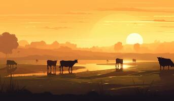 vaches pâturage sur une ferme avec lumière du soleil, ferme paysage illustration avec génératif ai photo