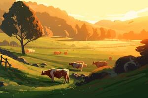 vaches pâturage sur une ferme avec lumière du soleil, ferme paysage illustration avec génératif ai photo