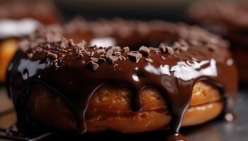 une fermer photo de le Chocolat enrobage sur le Donut. génératif ai